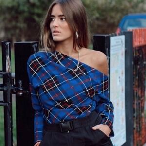 Zara One Shoulder Top Plaid Long Sleeve Asymmetric Blouse Blue Size Small